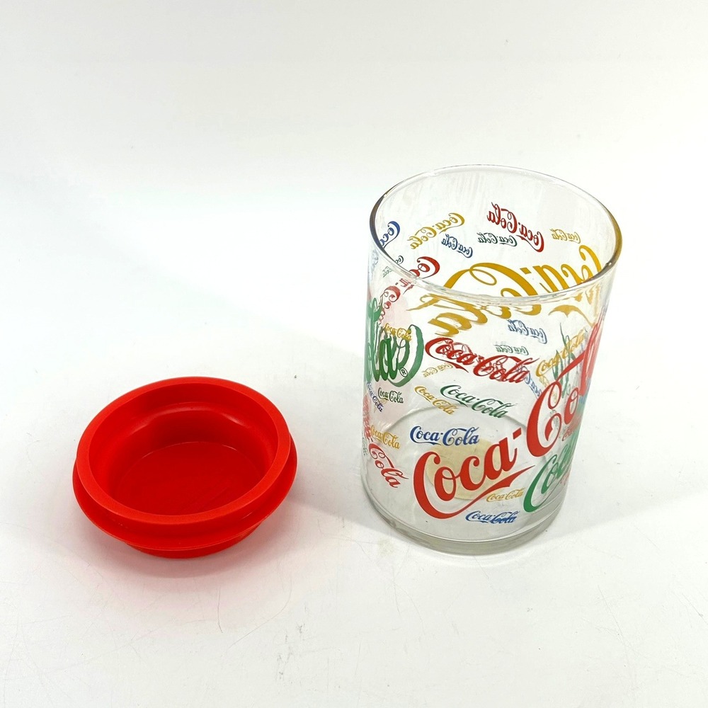 Coca-Cola Vintage Indiana Glass 20oz Multicolor Coke Collage Jar Canister RedLid - Picture 6 of 7